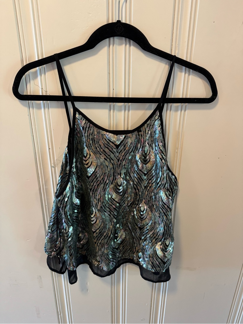 ASTR Black Sequin Spaghetti-Strap Tank with Iridescent Green-Blue Sheen